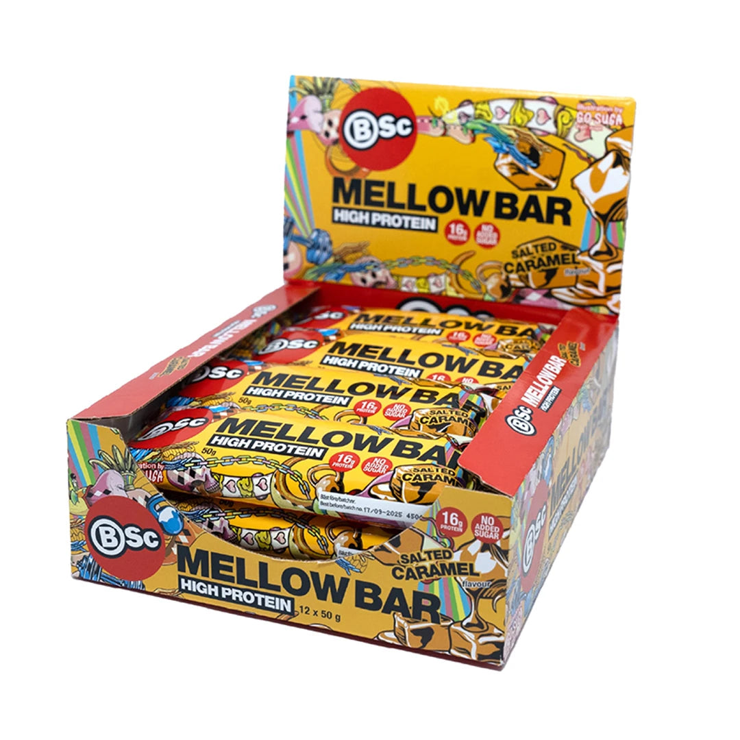 12 x BSc Mellow Bar 50 g Salted Caramel värikkäässä esittelylaatikossa.
