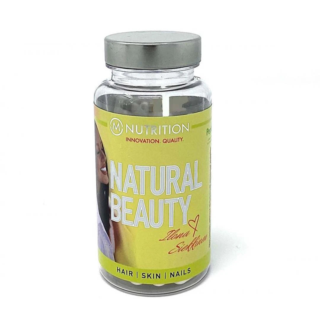 M-nutrition X Ilona Siekkinen Natural Beauty 60 caps läpinäkyvässä purkissa vaaleanvihreällä ja keltaisella etiketillä.