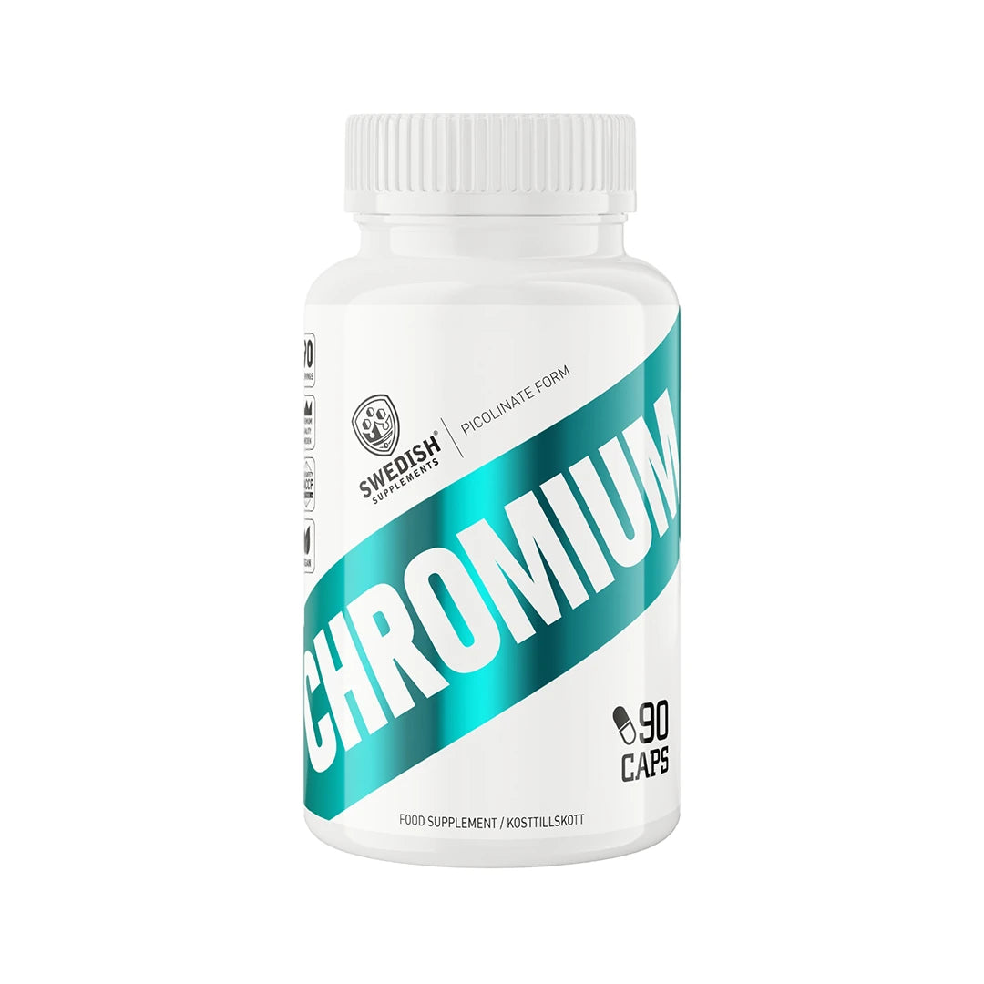 Swedish Supplements Chromium 90 caps -ravintolisä valkoisessa muovipurkissa turkooseilla yksityiskohdilla.