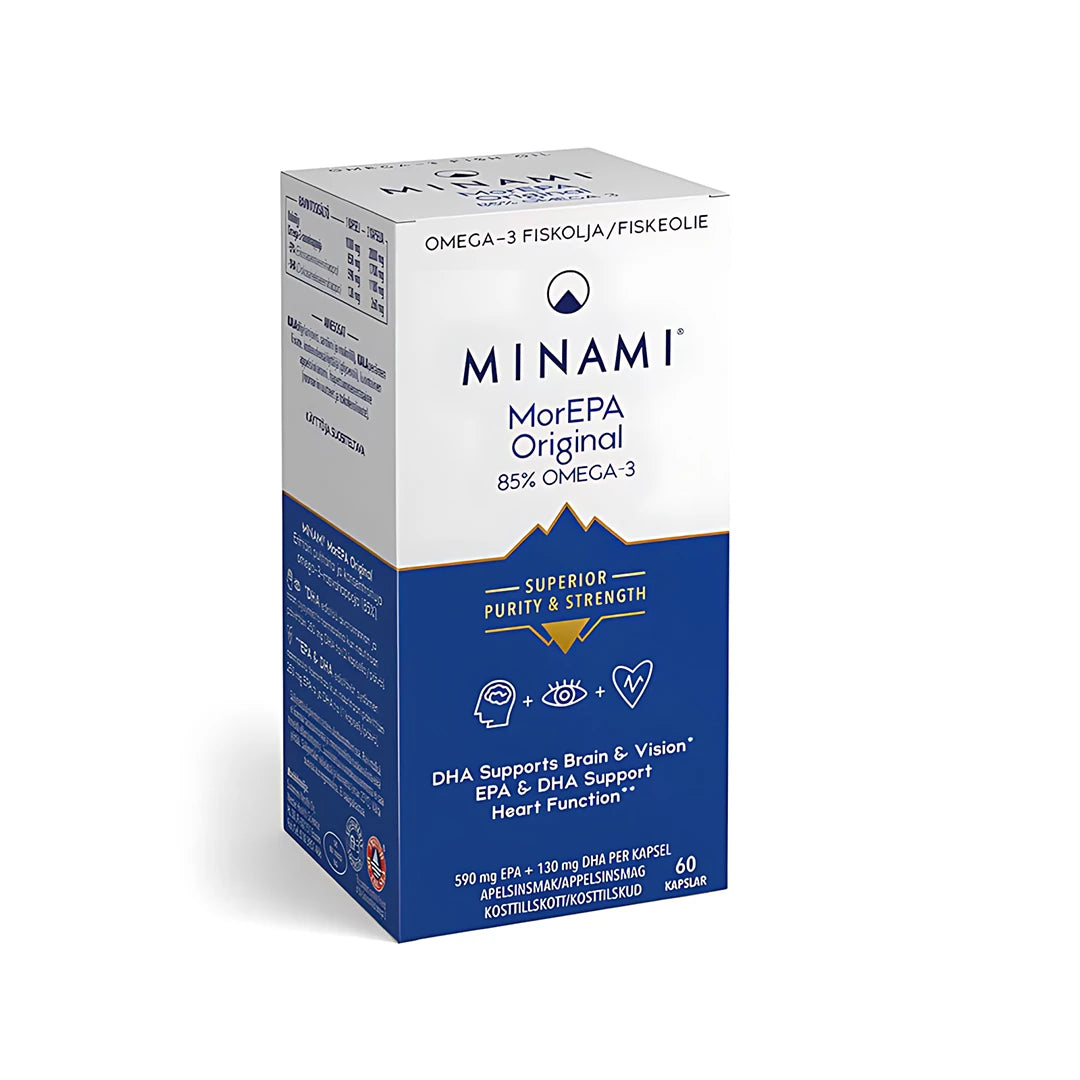 Minami MorEPA Original 85% 60 caps -omega-3-lisäravinne valko-sinisessä pahvipakkauksessa.