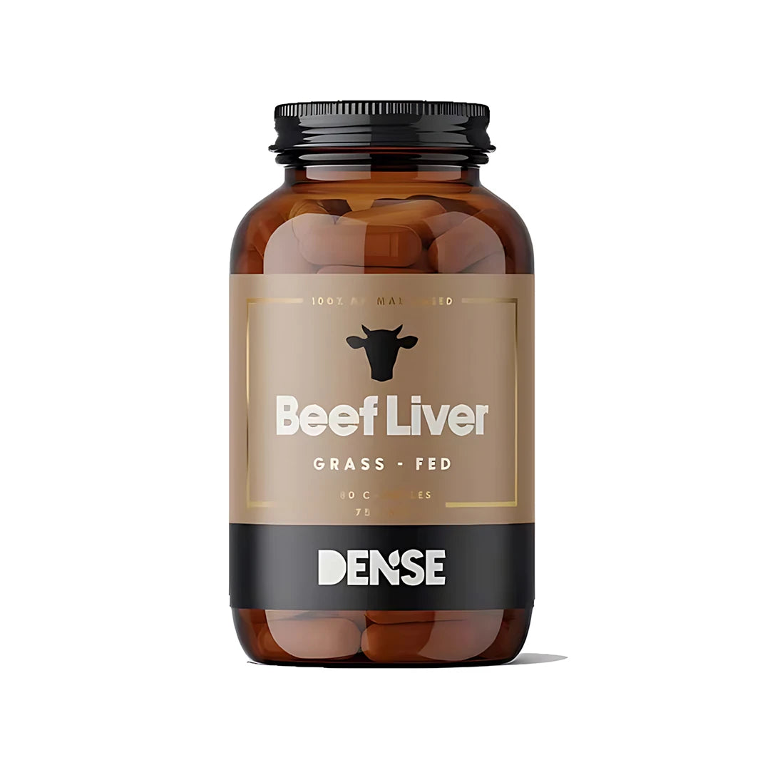 Dense Beef Liver 180 caps -naudanmaksakapselit ruskeassa mustakantisessa purkissa, jonka etiketissä on lehmäsiluetti.