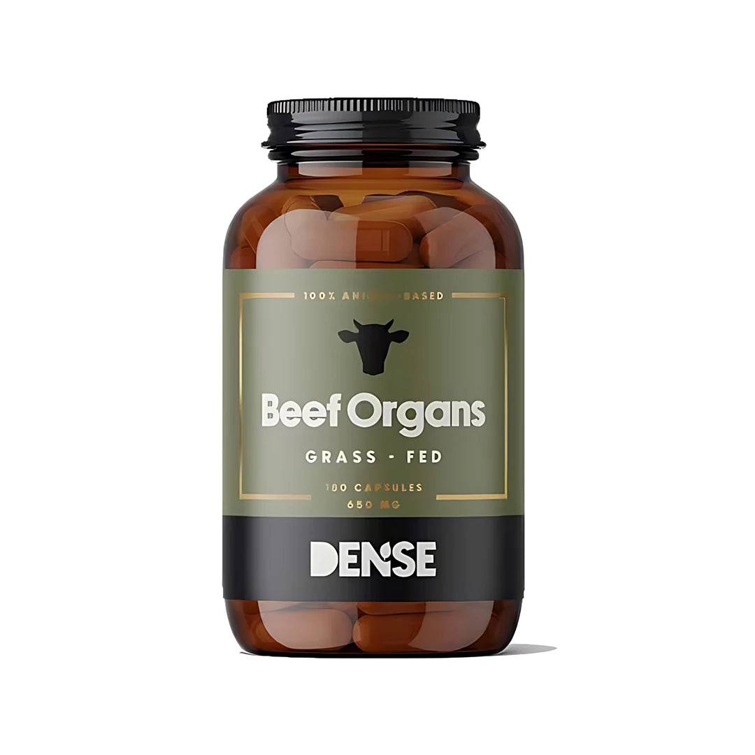 Dense Beef Organs 180 caps -monivitamiinikapselit tummanruskeassa purkissa, jossa on vihreä ja musta etiketti.