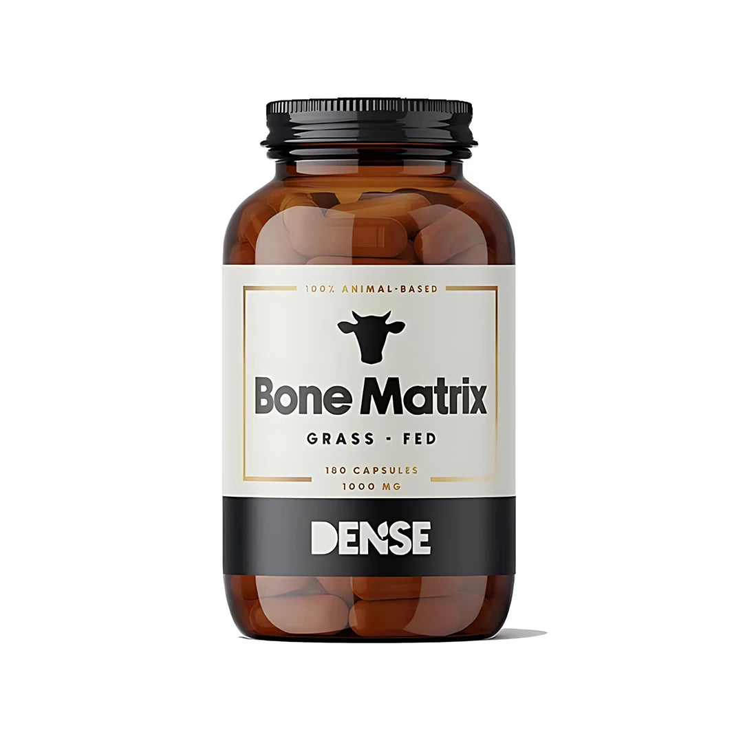 Dense Bone Matrix 180 caps -kalsiumlisä tummanruskeassa purkissa, jossa on mustavalkoinen etiketti kultayksityiskohdilla.