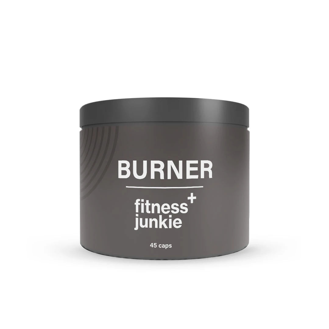 fitnessjunkie Burner 45 caps -rasvanpolttaja tummanharmaassa purkissa valkoisella tekstillä.