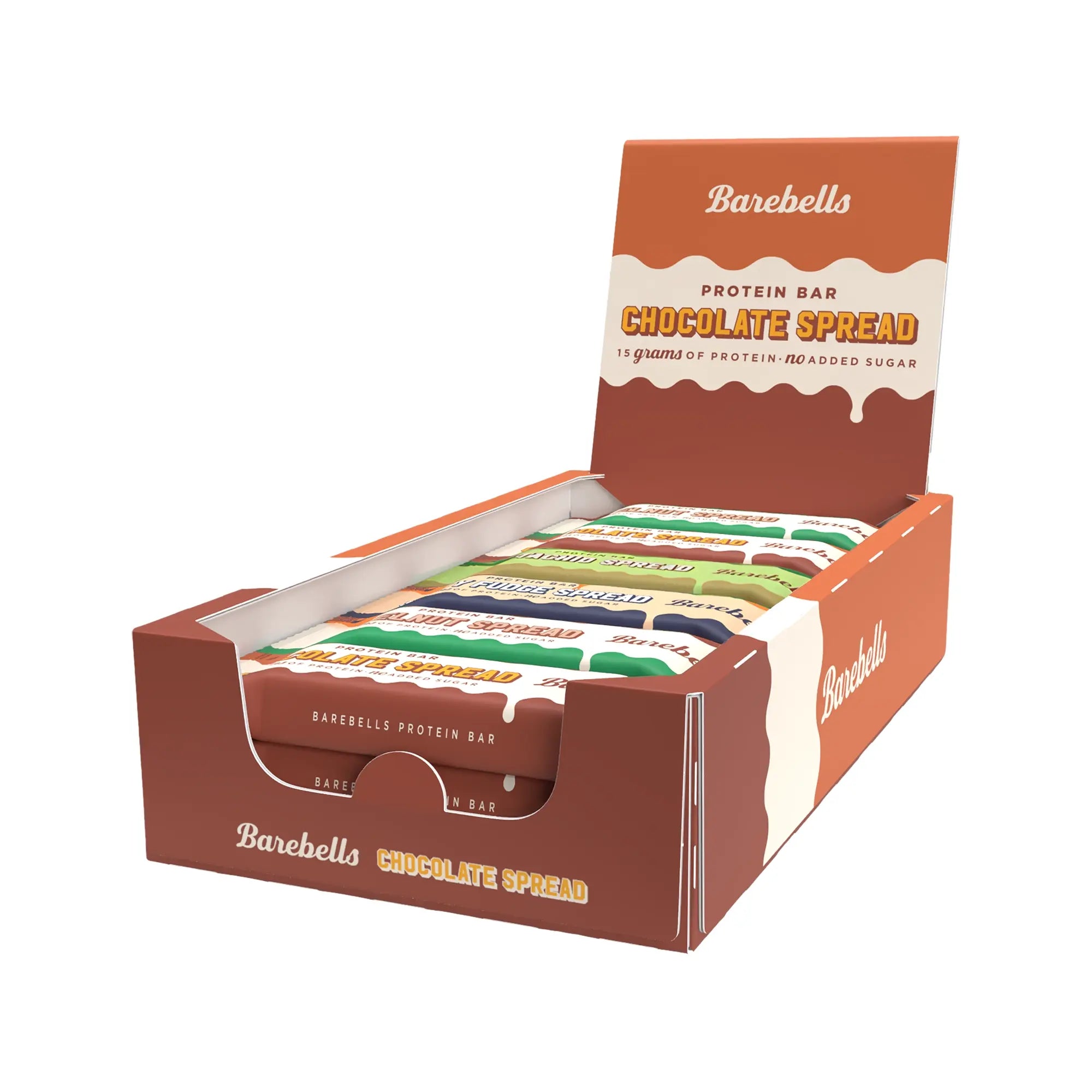 12 x Barebells Protein Bar Spread 45 g Mixlåda ruskeassa ja oranssissa esittelypakkauksessa täynnä eri makuisia proteiinipatukoita., kuva 1/1