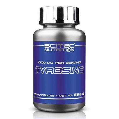 Scitec Nutrition Tyrosine 100 caps -ravintolisä hopeanvärisessä purkissa, jossa on sininen etiketti ja kiiltävä korkki.