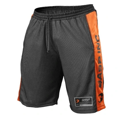 Gasp No1 Mesh Shorts Black &amp; Flame, mustat verkkotreenishortsit oransseilla sivupaneeleilla ja kiristysnauhalla., kuva 2/6