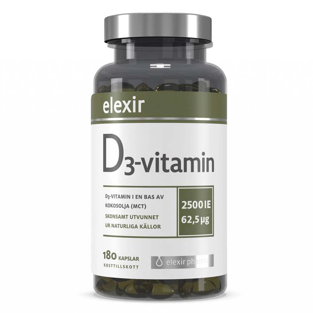 Elexir Pharma D3 Vitamin 2500IE 180 caps -ravintolisä tummassa purkissa hopeisella kannella ja valkoisella etiketillä.