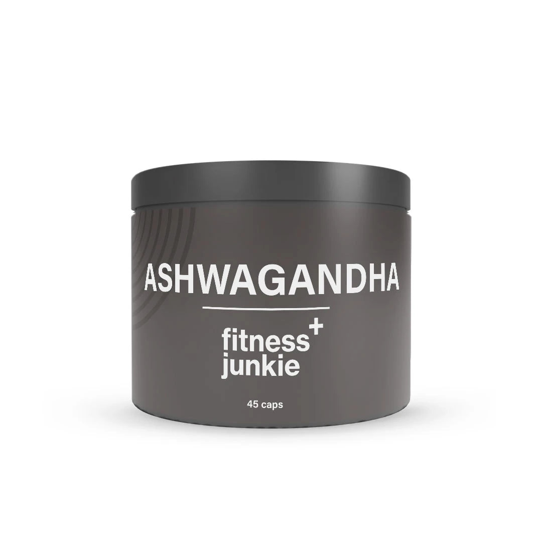 fitnessjunkie Ashwagandha 45 caps tyylikkäässä tummanharmaassa purkissa valkoisella tekstillä.