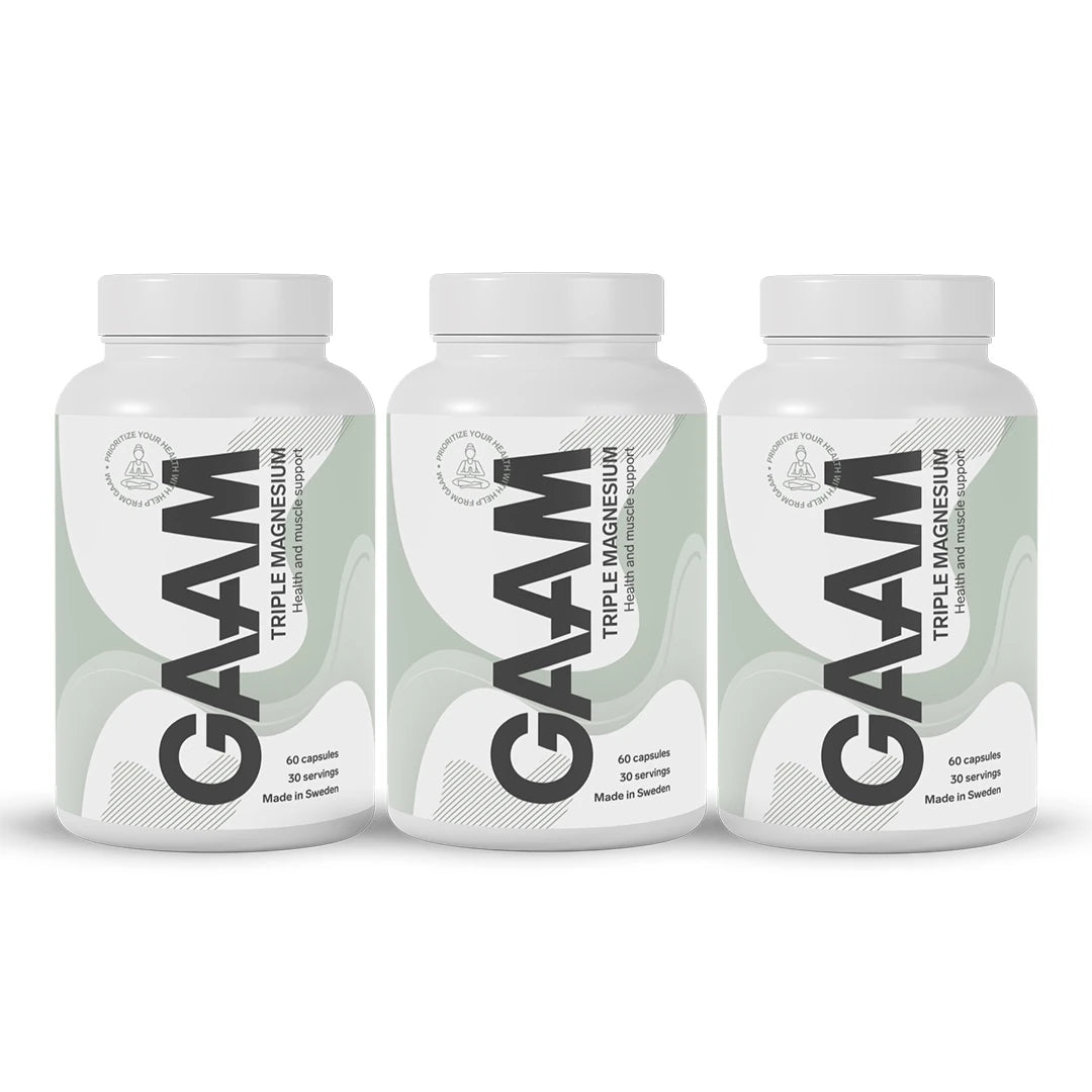 3 x GAAM Triple Magnesium 60 caps kolmessa valkoisessa purkissa, joissa on harmaanvihreitä ja mustia yksityiskohtia lihasten tukemiseen.