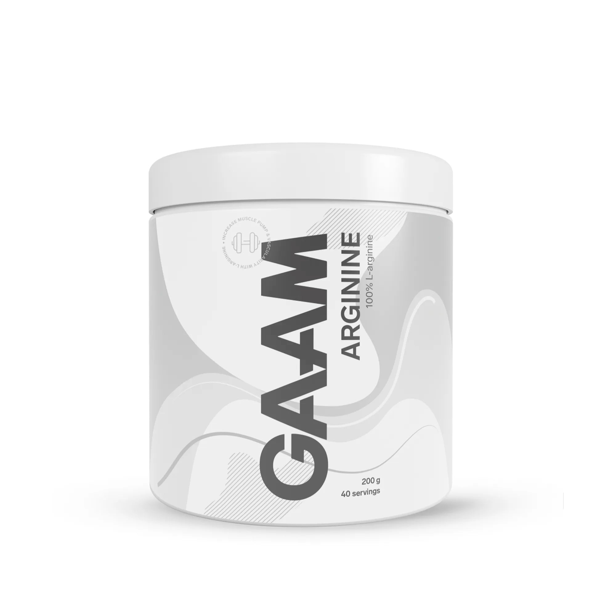 GAAM Arginine 200 g -aminohappojauhe valkoisessa purkissa, jossa on vaaleanharmaita yksityiskohtia.