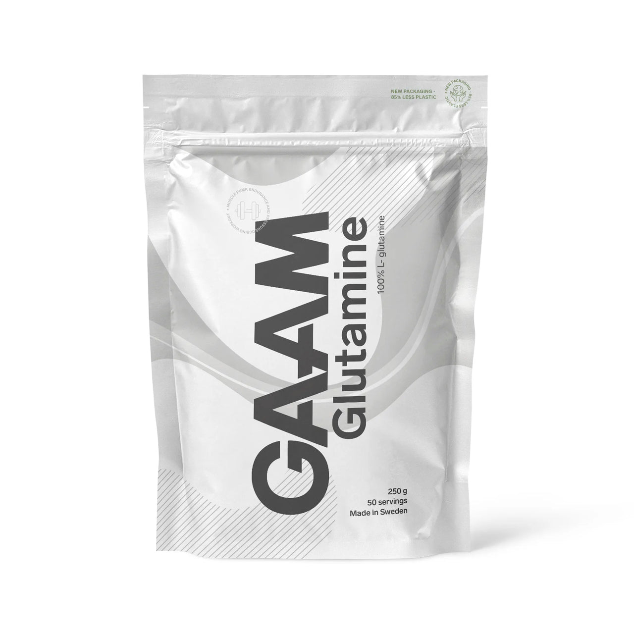 GAAM Glutamine 250 g puhdasta L-glutamiinijauhetta valkoisessa pussissa harmailla yksityiskohdilla.