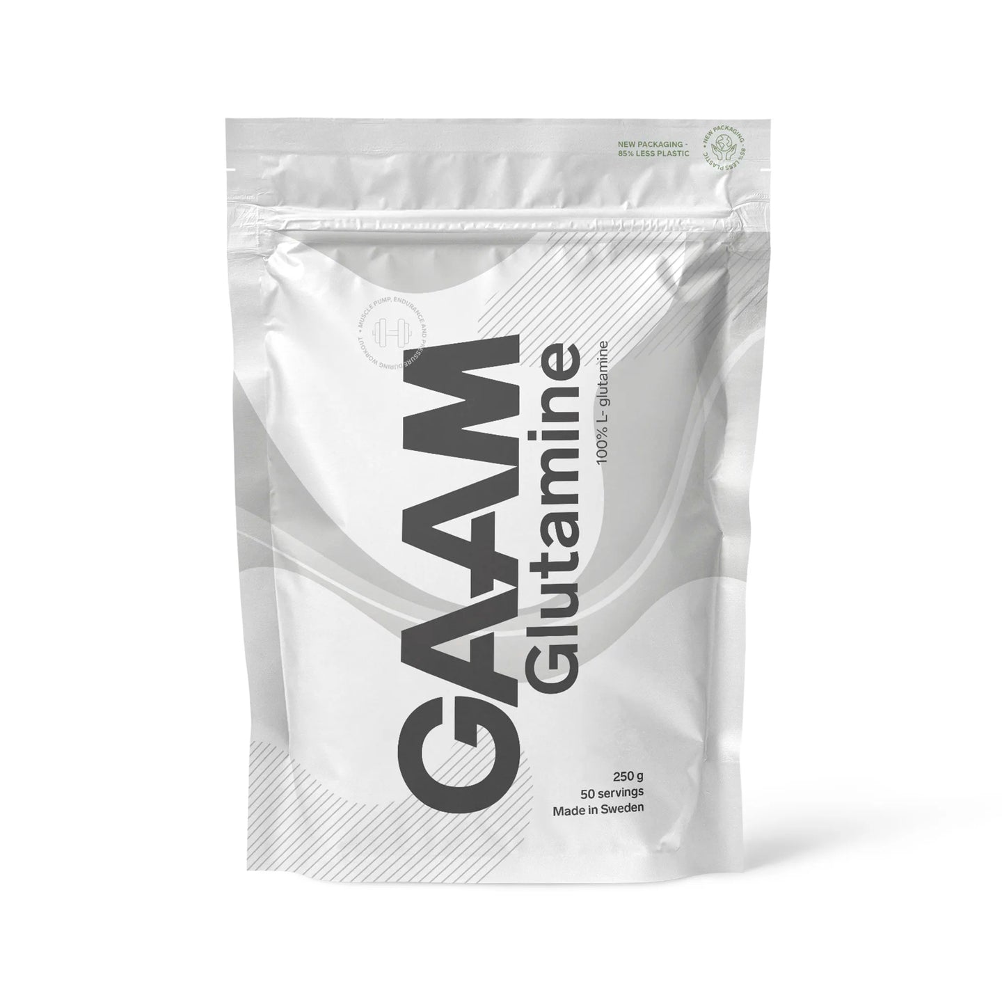 GAAM Glutamine 250 g puhdasta L-glutamiinijauhetta valkoisessa pussissa harmailla yksityiskohdilla.