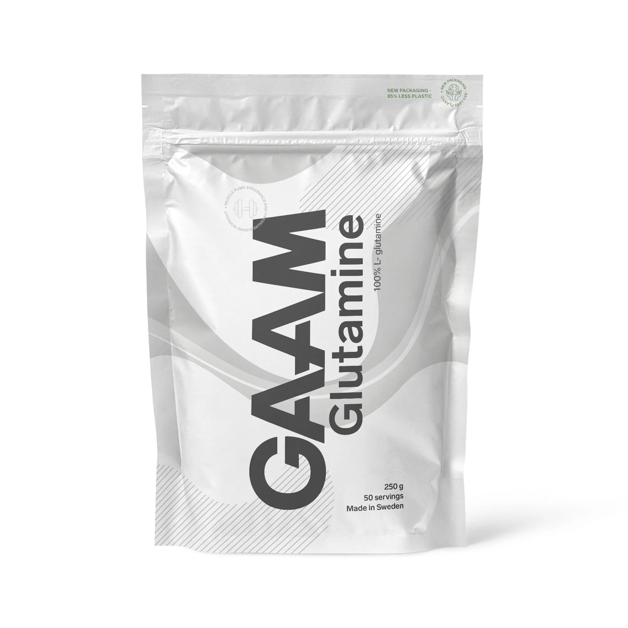 GAAM Glutamine 250 g puhdasta L-glutamiinijauhetta valkoisessa pussissa harmailla yksityiskohdilla.