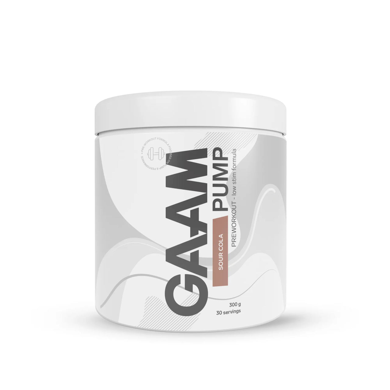 GAAM PUMP 300 g PWO-jauhe valko-harmaassa purkissa ruskeilla yksityiskohdilla, makuna Sour Cola.