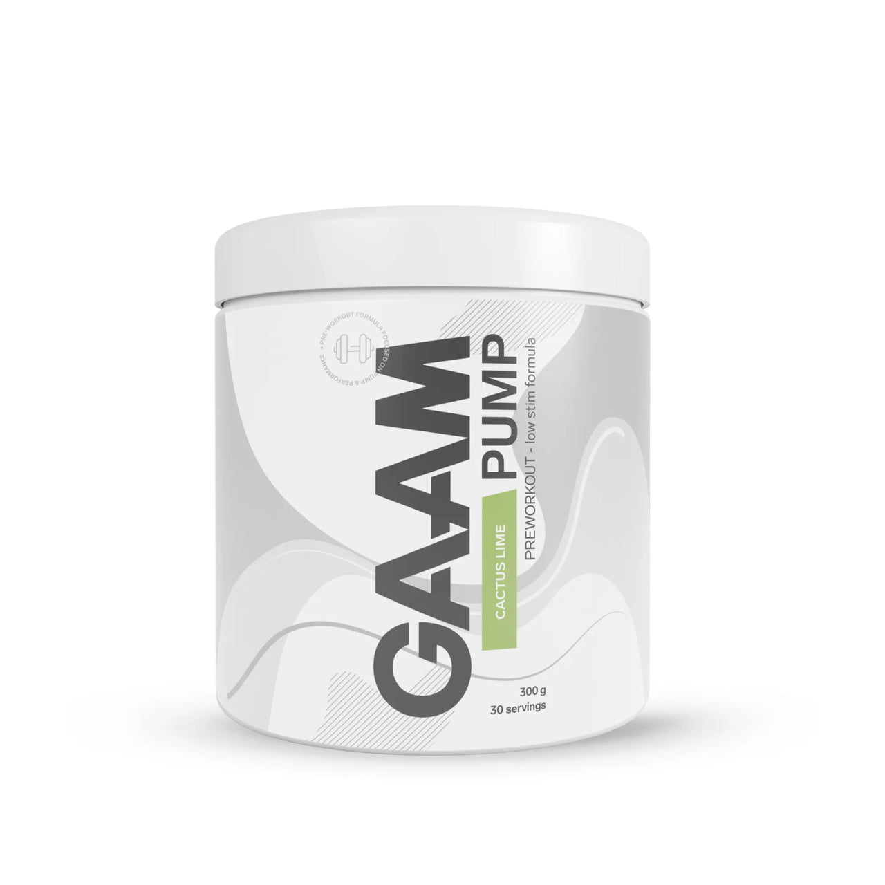 GAAM PUMP 300 g PWO valkoisessa purkissa harmailla kuvioilla ja vaaleanvihreillä yksityiskohdilla, makuna Cactus Lime.