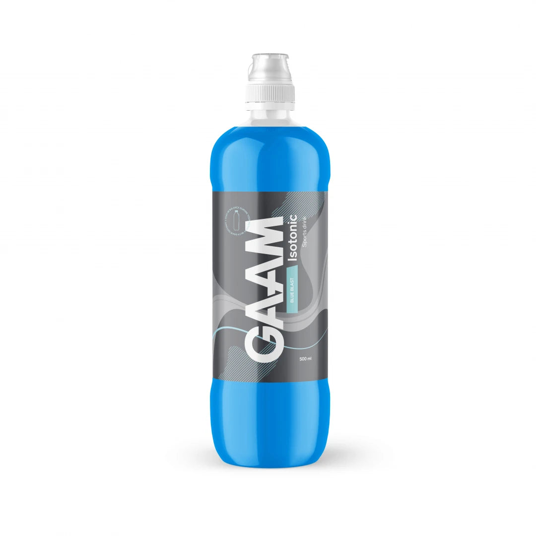 Muovipullo GAAM Isotonic 500 ml -urheilujuomaa vahvan sinisellä nesteellä ja harmaalla etiketillä, maku Blue Blast.