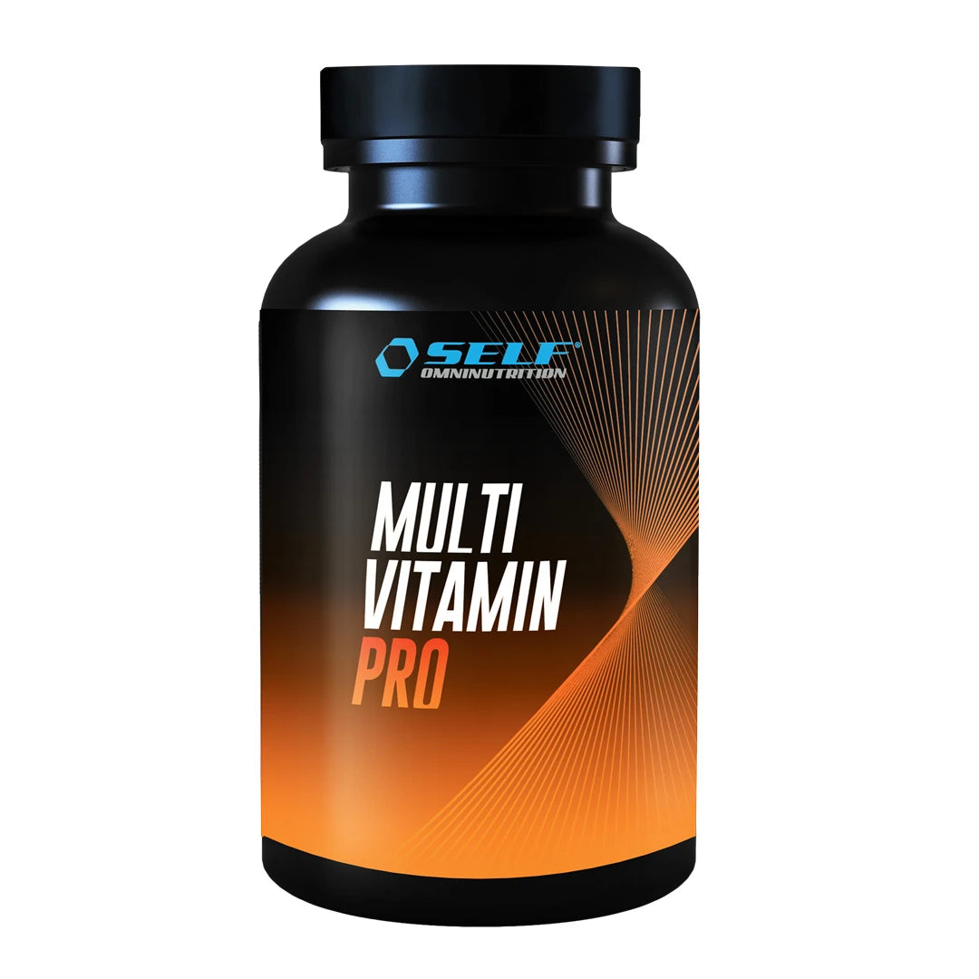Self Omninutrition Multivitamin 60 caps mustassa purkissa, jossa on musta kansi ja oransseja yksityiskohtia.
