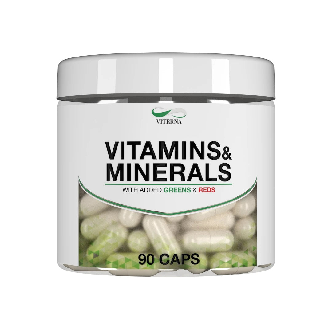Valkoinen purkki Viterna Vitamins & Minerals 90 caps -monivitamiinia näkyvillä kapseleilla.