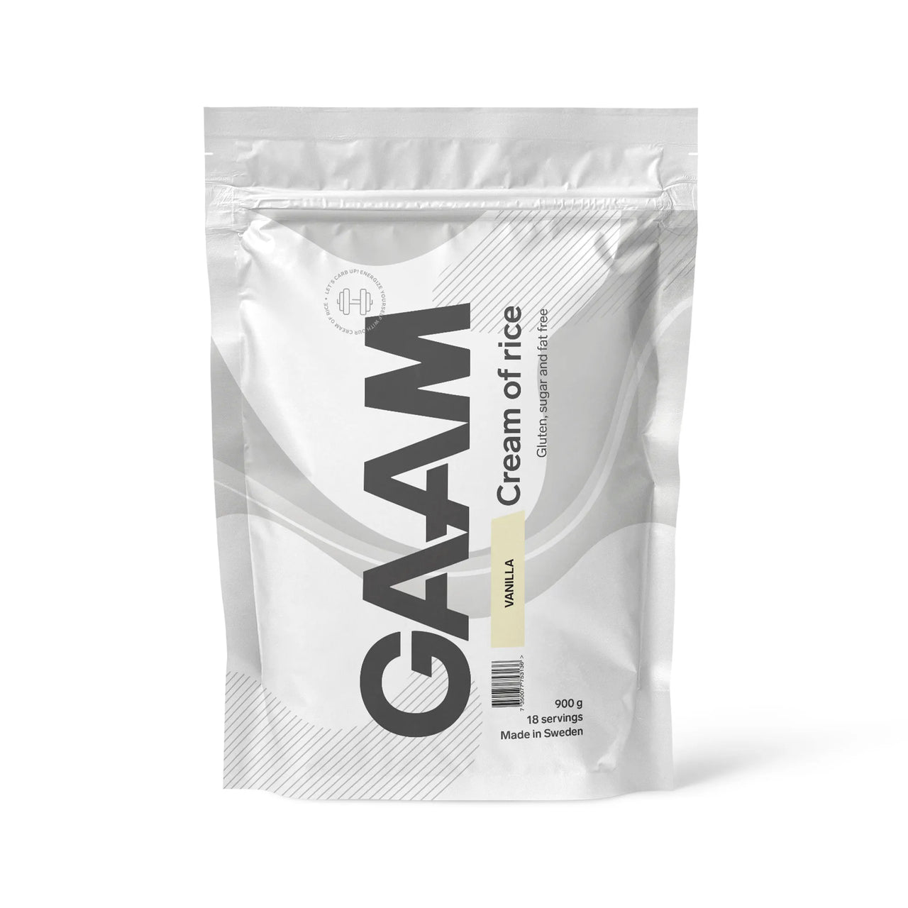 GAAM Cream of Rice 900 g -hiilihydraattijauhe valkoisessa pussissa vaaleankeltaisilla yksityiskohdilla, makuna vanilja.