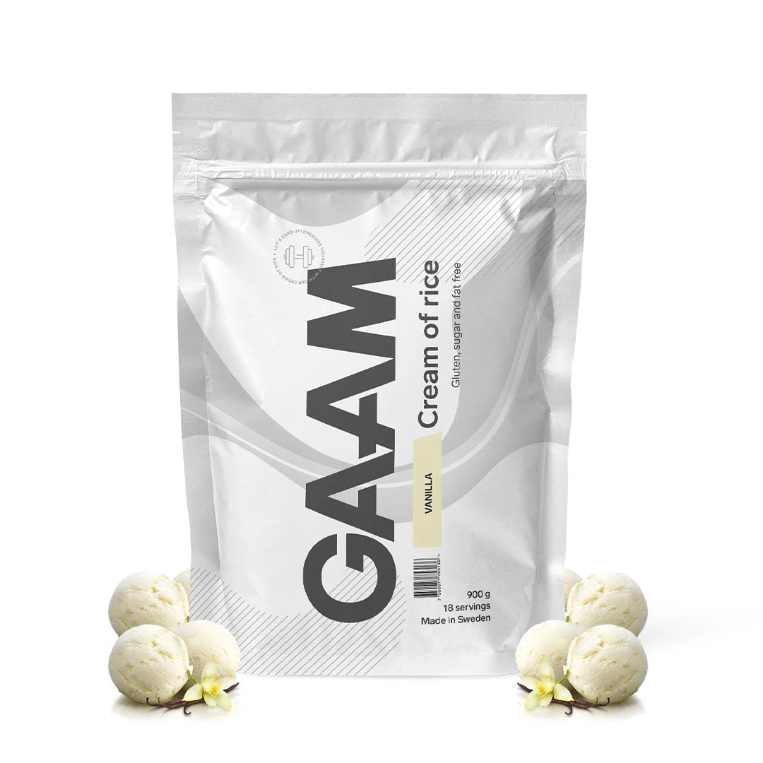 Valkoinen pussi vaniljanmakuista GAAM Cream of Rice 900 g -hiilihydraattijauhetta jäätelöpallojen ympäröimänä.