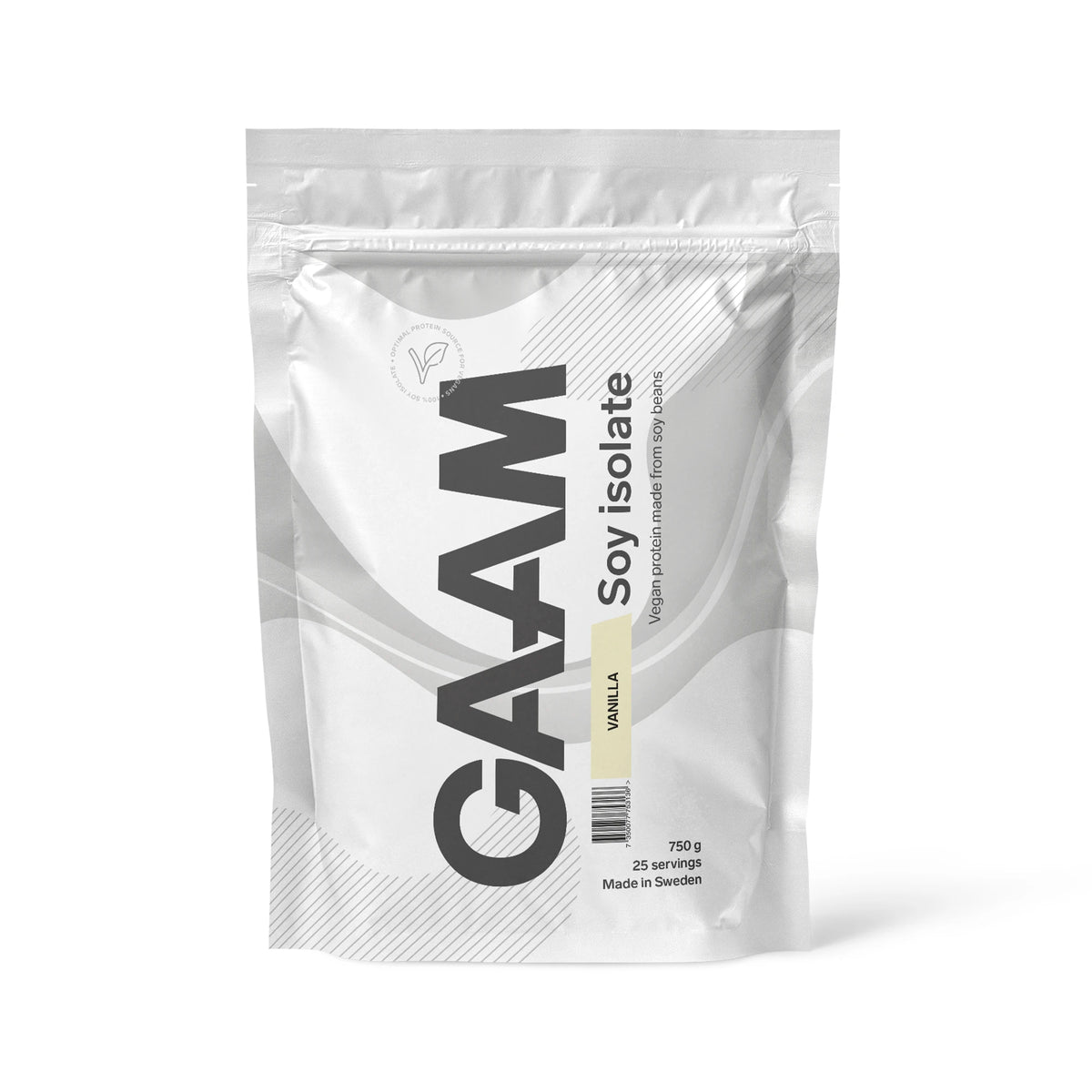 GAAM Soy Isolate 750 g -vegaaninen soijaproteiinijauhe valkoisessa pussissa, makuna Vanilla., kuva 2/2