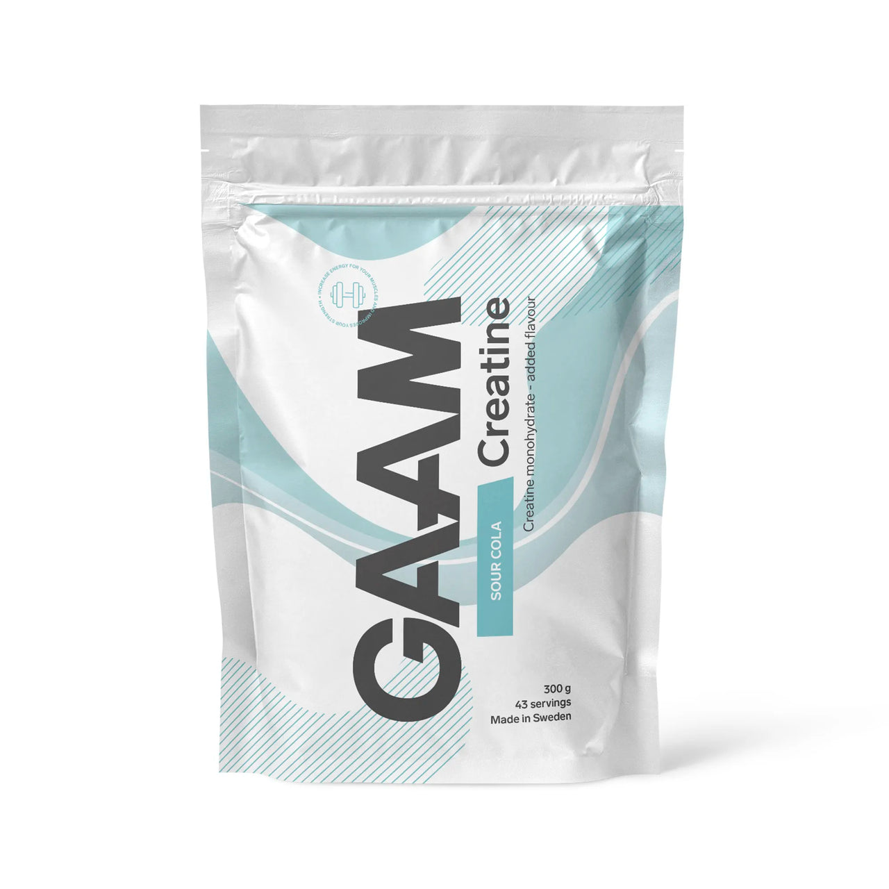GAAM Creatine 300 g -kreatiinijauhe valkoisessa pussissa vaaleansinisillä yksityiskohdilla, makuna Sour Cola.
