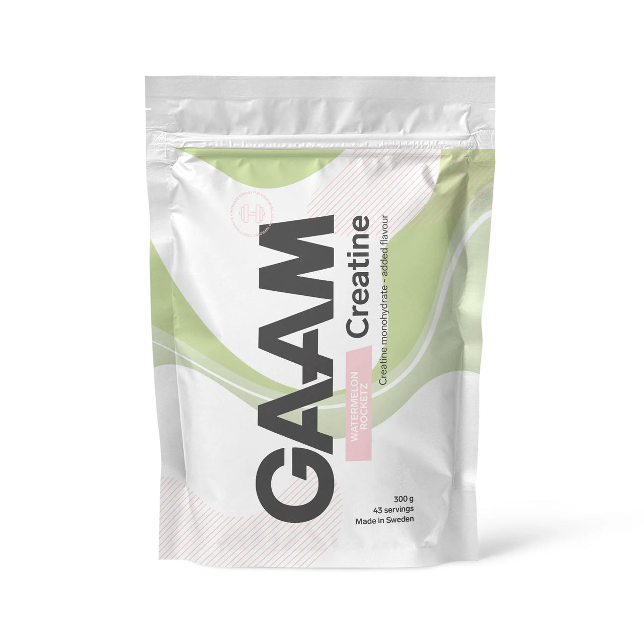 GAAM Creatine 300 g -kreatiinijauhe valkoisessa pussissa vihreillä yksityiskohdilla, makuna Watermelon Rocketz.