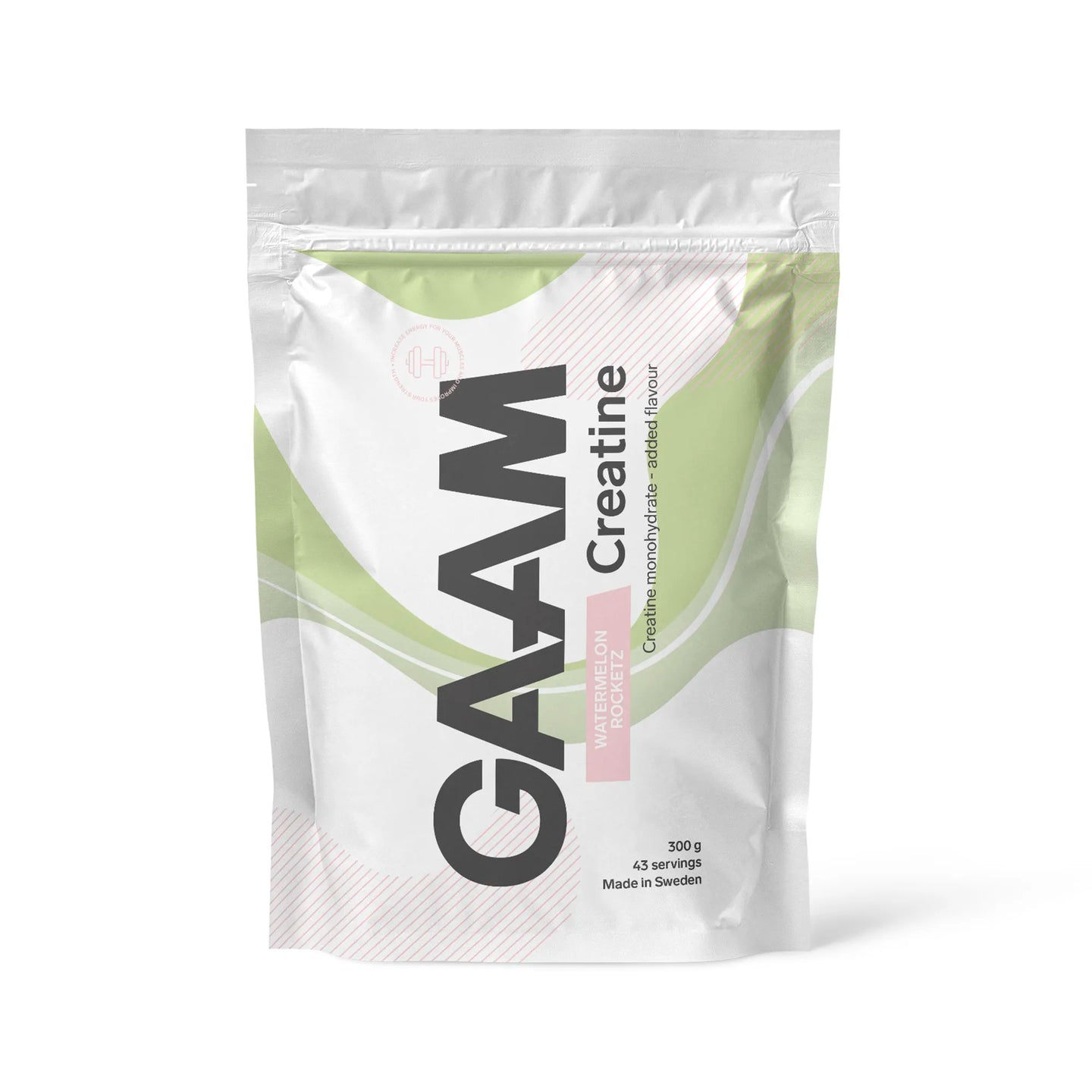 GAAM Creatine 300 g -kreatiinijauhe valkoisessa pussissa vihreillä yksityiskohdilla, makuna Watermelon Rocketz., kuva 2/6