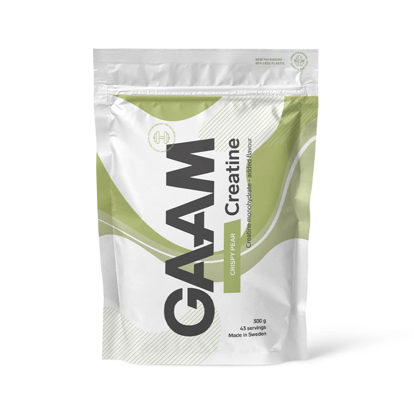 GAAM Creatine 300 g -kreatiinijauhe valkoisessa pussissa vihreillä yksityiskohdilla, makuna Crispy Pear., kuva 4/6