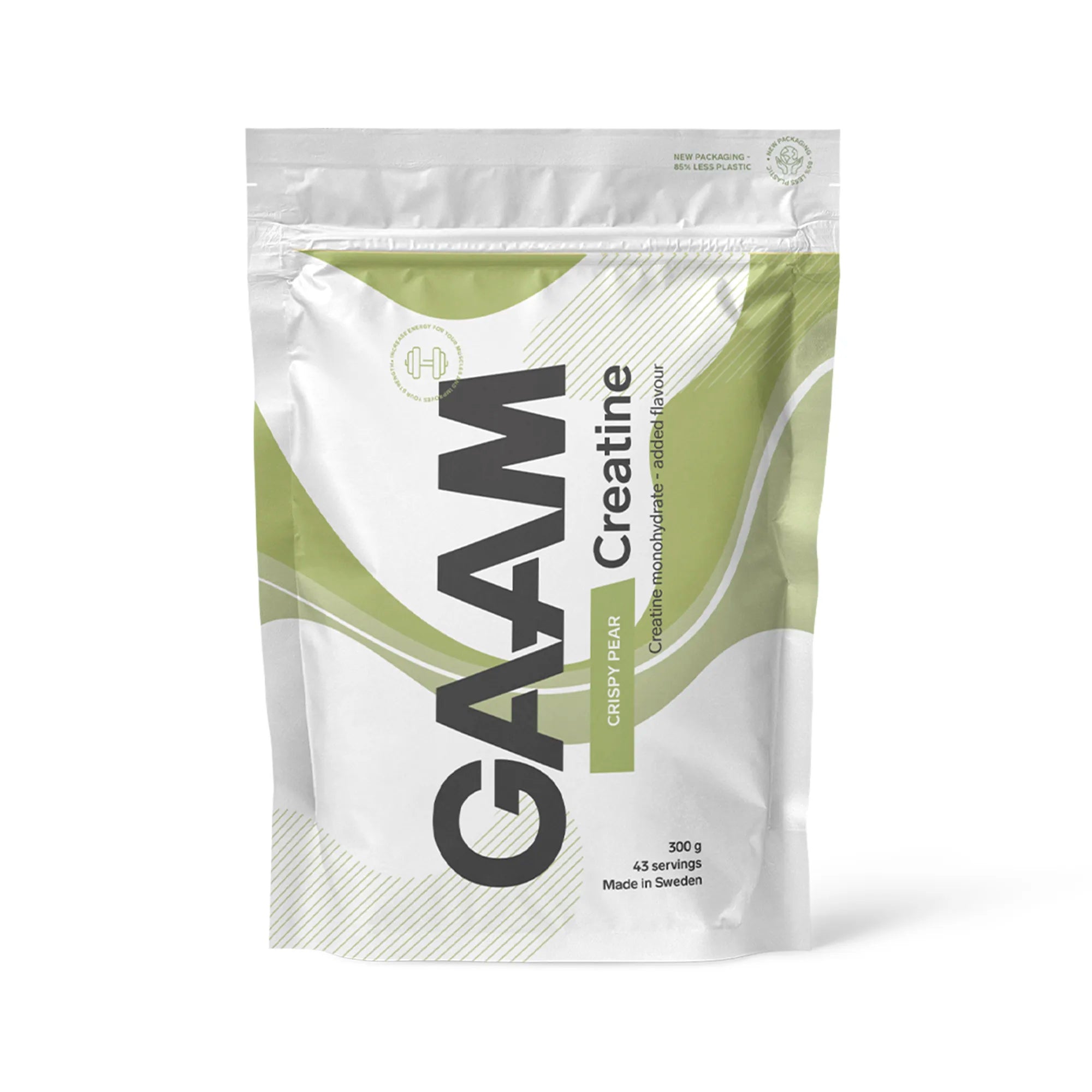 GAAM Creatine 300 g -kreatiinijauhe valkoisessa pussissa vihreillä yksityiskohdilla, makuna Crispy Pear., kuva 4/6