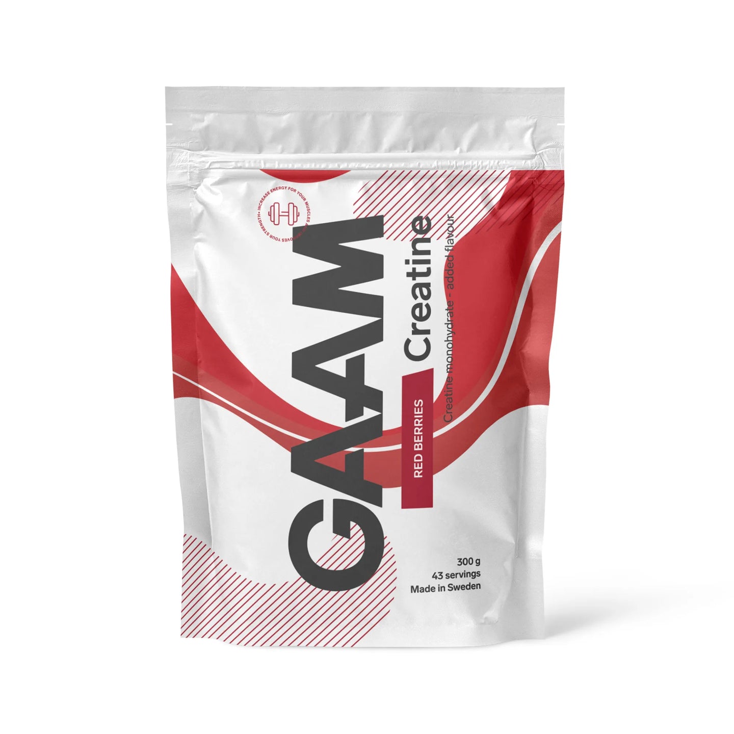 GAAM Creatine 300 g -kreatiinijauhe valkoisessa pussissa punaisilla yksityiskohdilla, makuna Red Berries., kuva 5/6