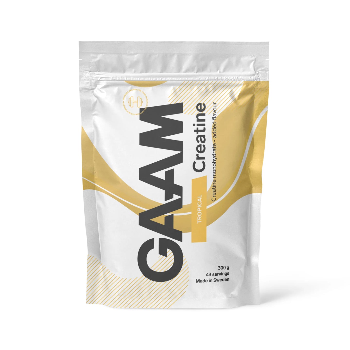 GAAM Creatine 300 g -kreatiinijauhe valkoisessa pussissa keltaisilla yksityiskohdilla, makuna Tropical., kuva 6/6