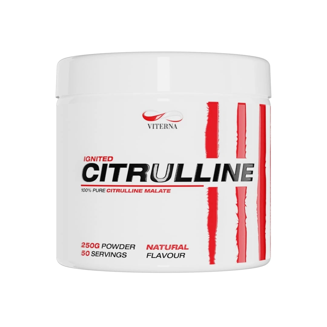 Viterna Citrulline Malate 250 g -jauhe valkoisessa purkissa, jossa on punaisia ja mustia yksityiskohtia, makuna Naturell.