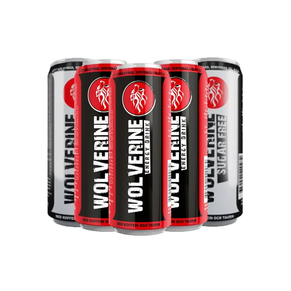 24 x Wolverine energy drink 250 ml Mixflak energiajuomatölkkejä mustavalkoisissa väreissä punaisilla yksityiskohdilla.