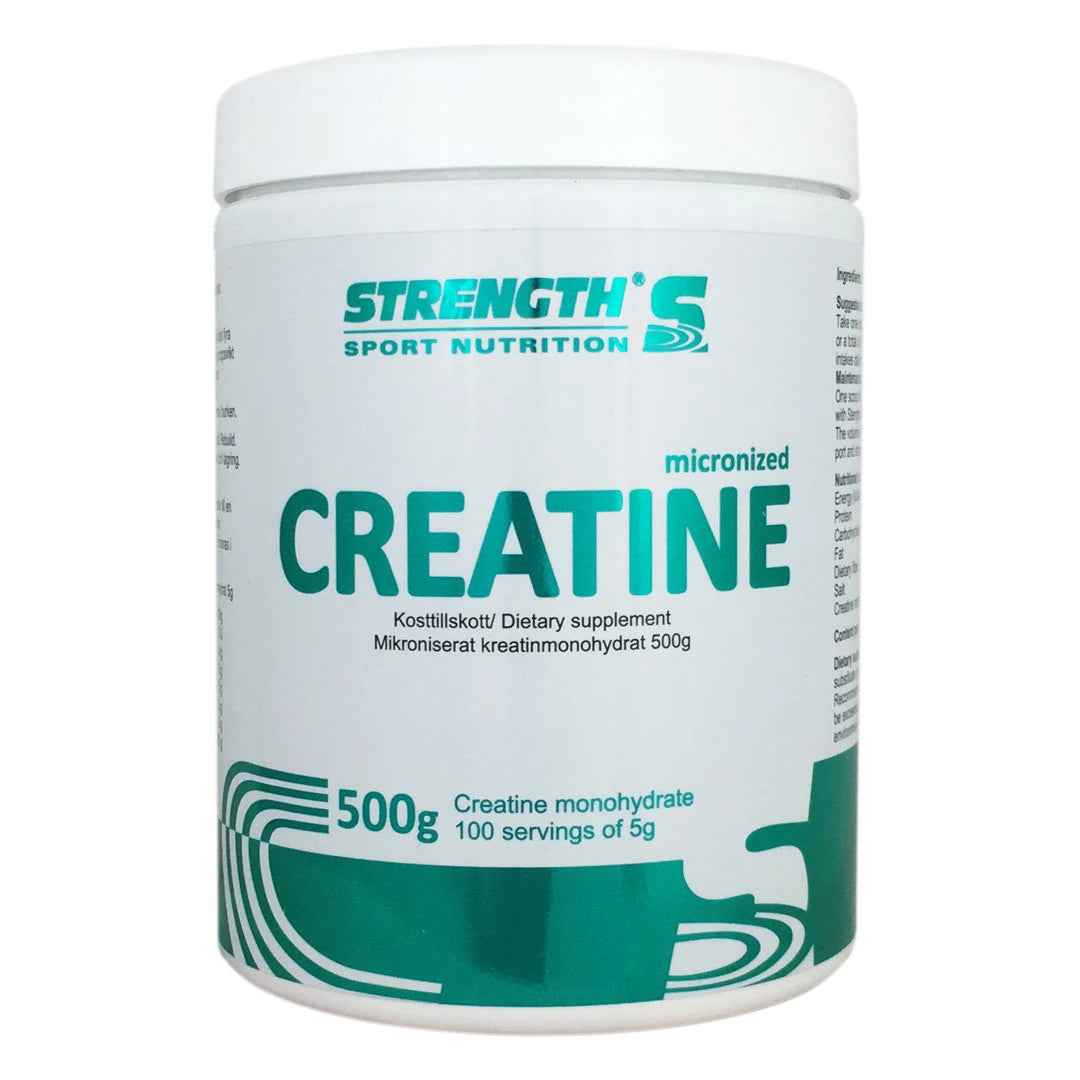 Valkoinen purkki Strength Sport Nutrition Creatine 500 g -kreatiinijauhetta turkooseilla yksityiskohdilla.