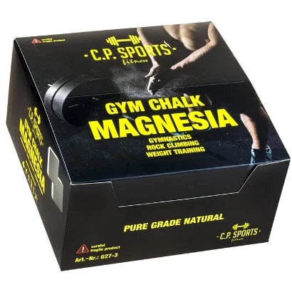 C.P. Sports Gym Chalk (Magnesium) 1 Block mustassa kartonkipakkauksessa keltaisella tekstillä.