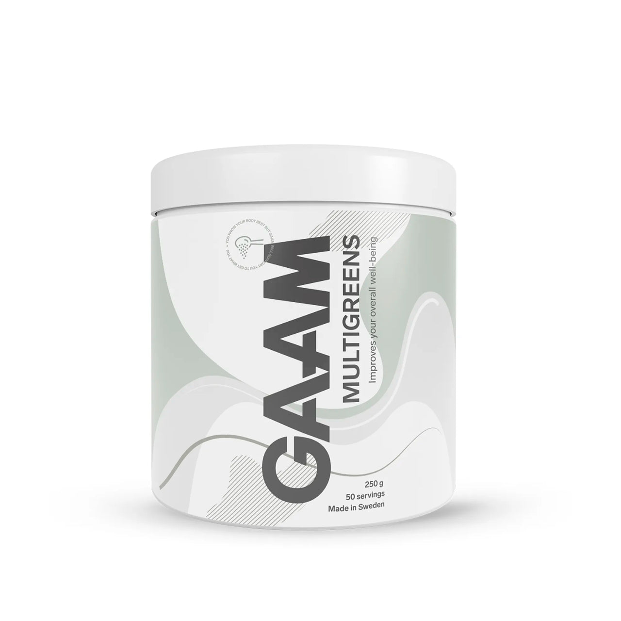 GAAM Multigreens 250 g -viherjauhe tyylikkäässä valkoisessa purkissa vaaleanvihreillä ja harmailla yksityiskohdilla.