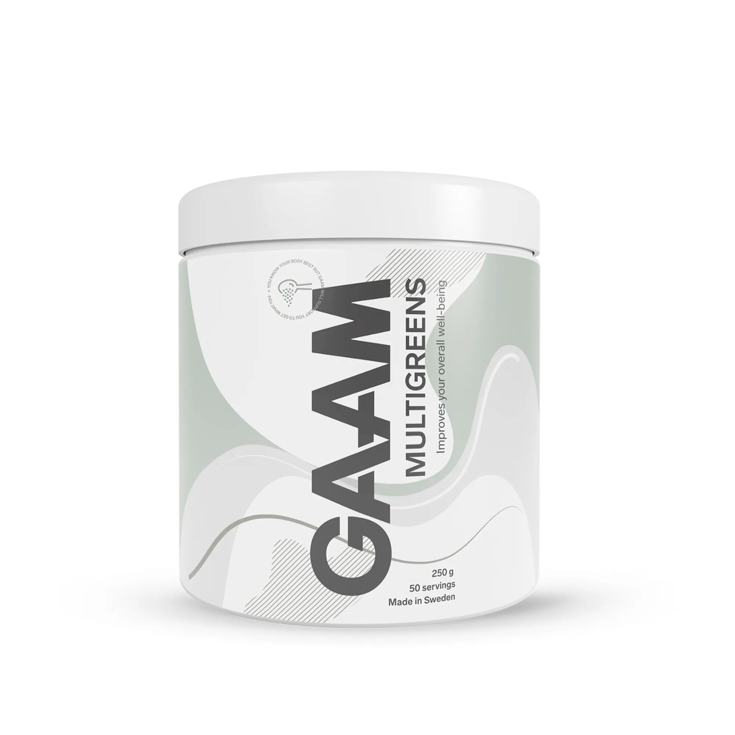 GAAM Multigreens 250 g -viherjauhe tyylikkäässä valkoisessa purkissa vaaleanvihreillä ja harmailla yksityiskohdilla.