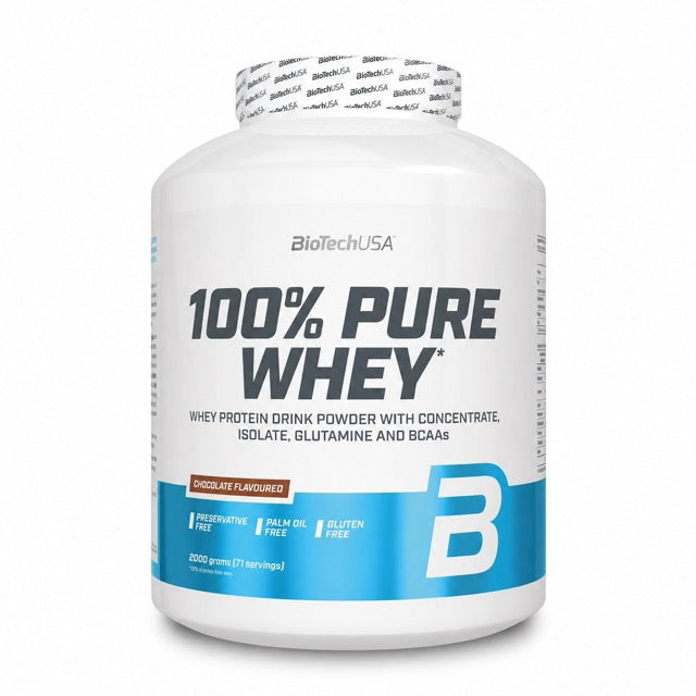 BioTechUSA 100% Pure Whey 2 kg -proteiinijauhe valko-sinisessä purkissa, makuna Chocolate., kuva 1/1