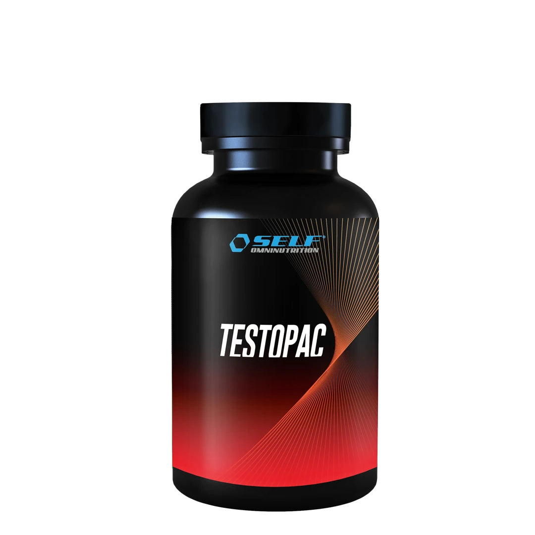 Self Omninutrition TestoPac 120 caps -testosteronibuusteri mustassa purkissa, jossa on punaisia graafisia yksityiskohtia.