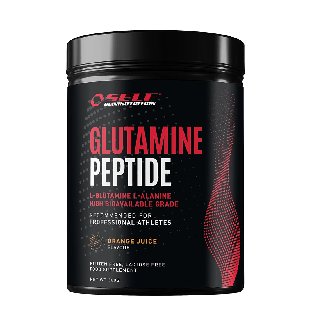 Self Omninutrition Glutamine Peptides 300 g -aminohappolisä mustassa purkissa punaisin yksityiskohdin, makuna appelsiini.