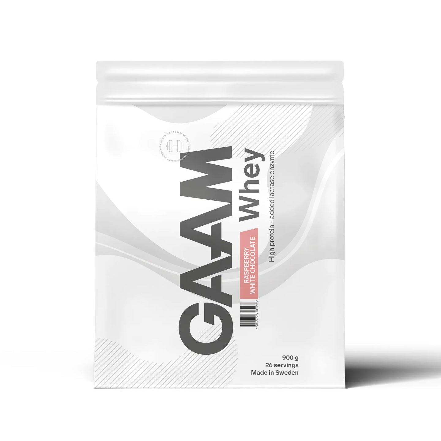 GAAM Whey 900 g Raspberry White Chocolate -heraproteiinijauhe valkoisessa pussissa.