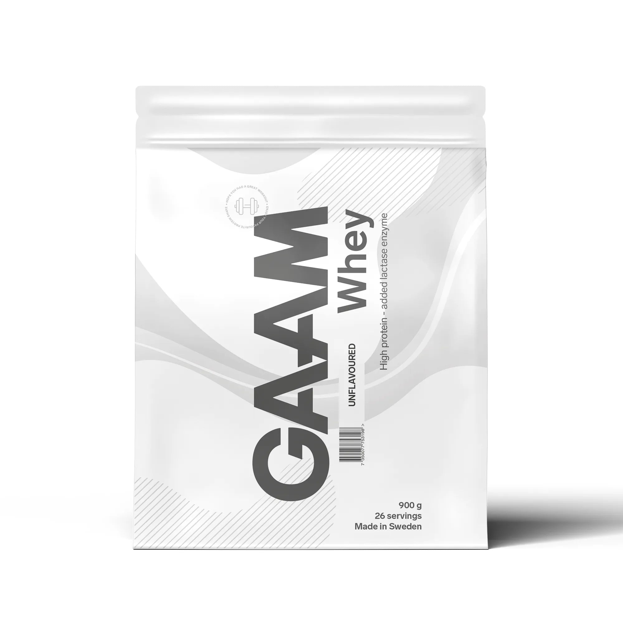 GAAM Whey 900 g -proteiinijauhe Unflavoured valkoisessa pussissa.