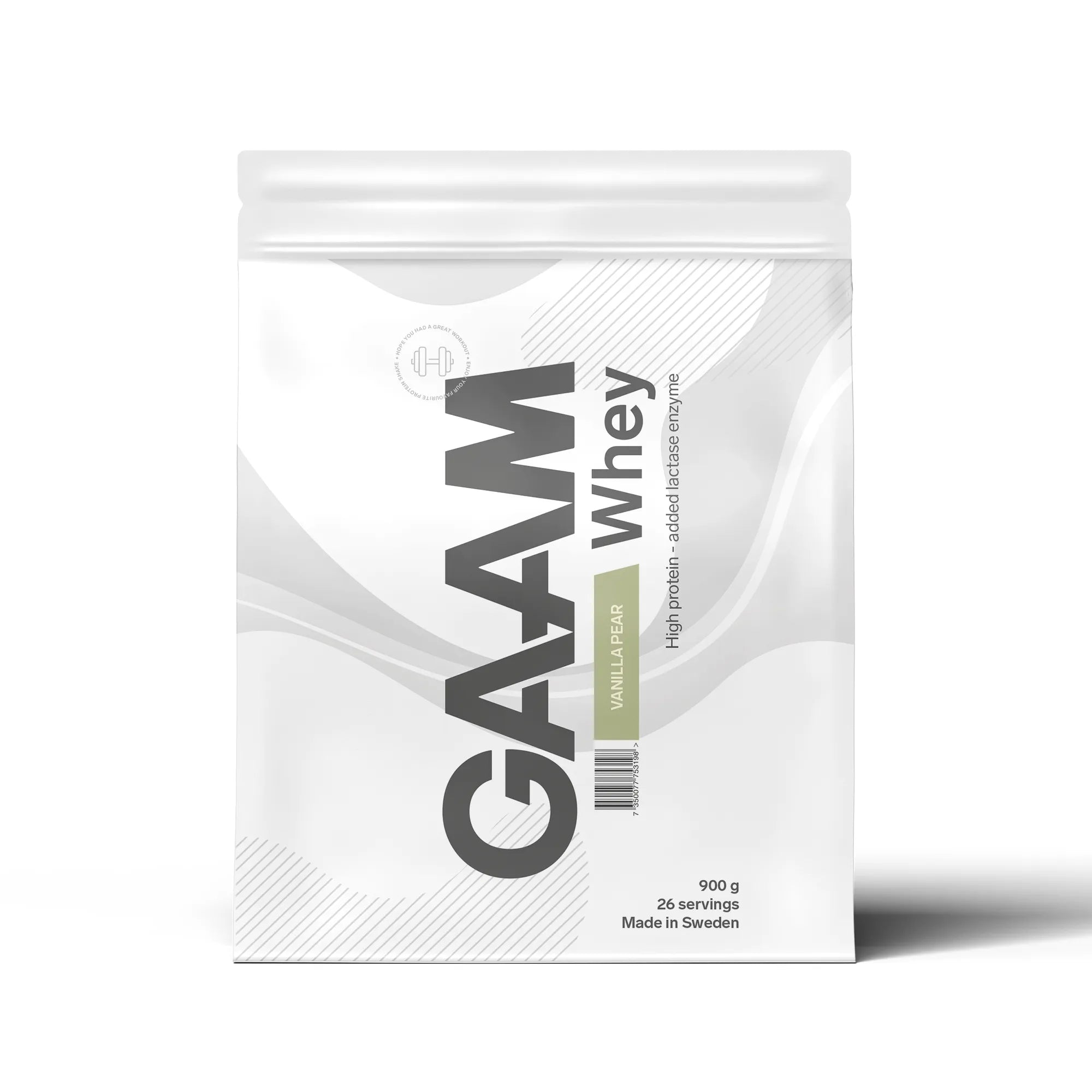 Valkoinen, uudelleensuljettava pussi Vanilla Pear -makuista GAAM Whey 900 g -proteiinijauhetta.