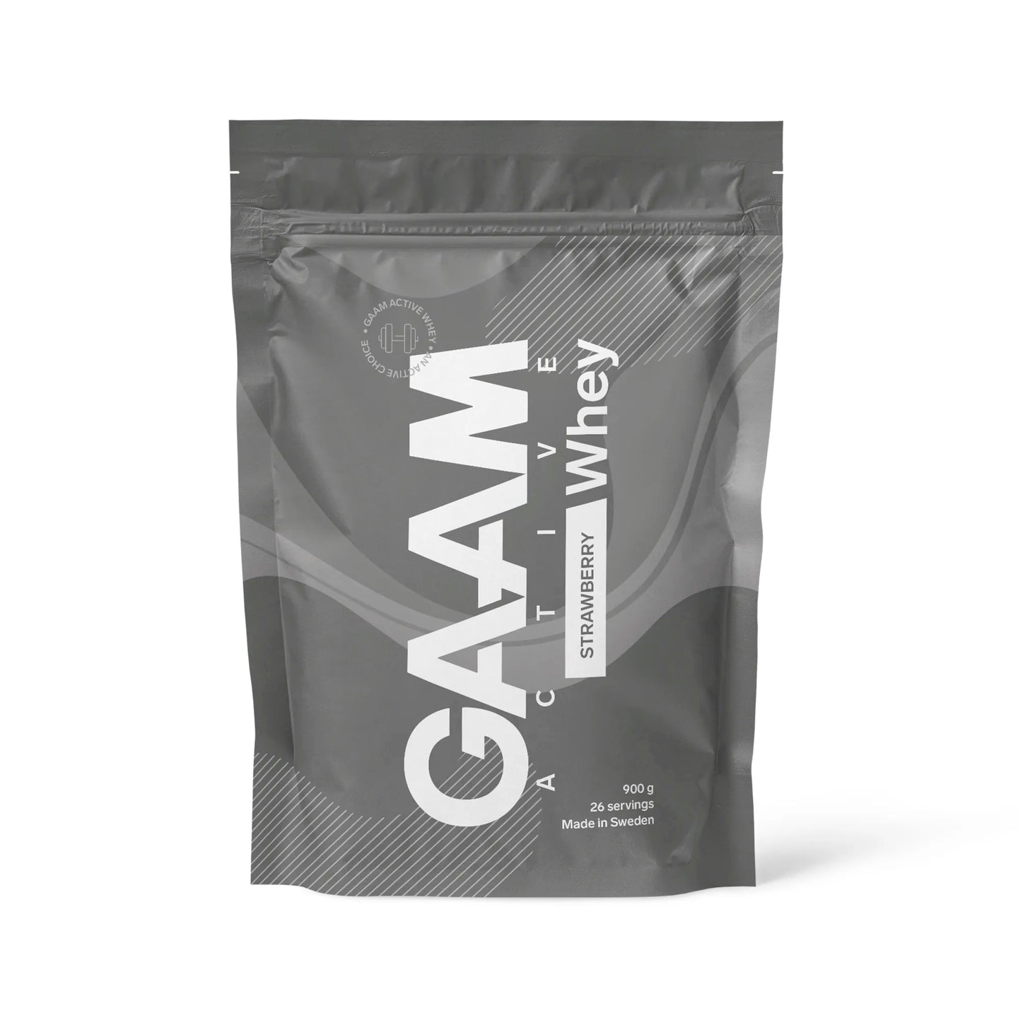 GAAM Active Whey 900 g -proteiinijauhe harmaassa pussissa valkoisilla yksityiskohdilla, makuna Strawberry., kuva 3/3