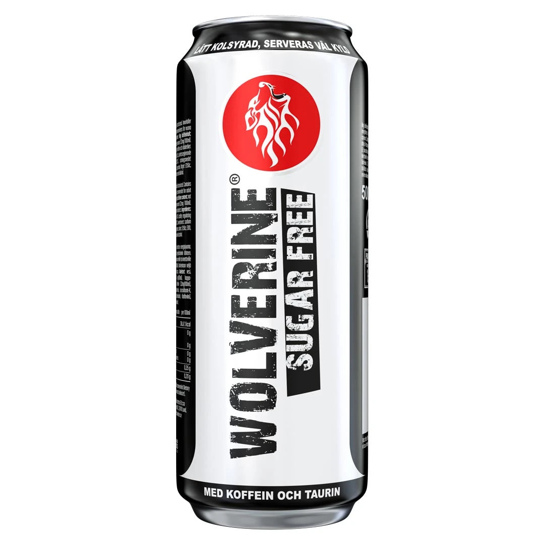 Wolverine Energy Drink 500 ml valko-mustassa tölkissä punaisella logolla, makuna Sugarfree., kuva 3/3