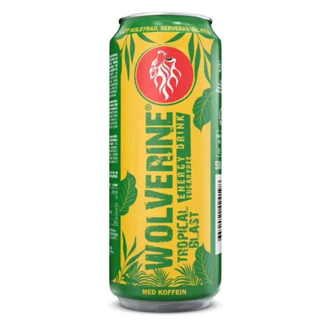 Wolverine Energy Drink 500 ml kelta-vihreässä, trooppikuvioidussa tölkissä, makuna Tropical Blast Sugarfree., kuva 2/3