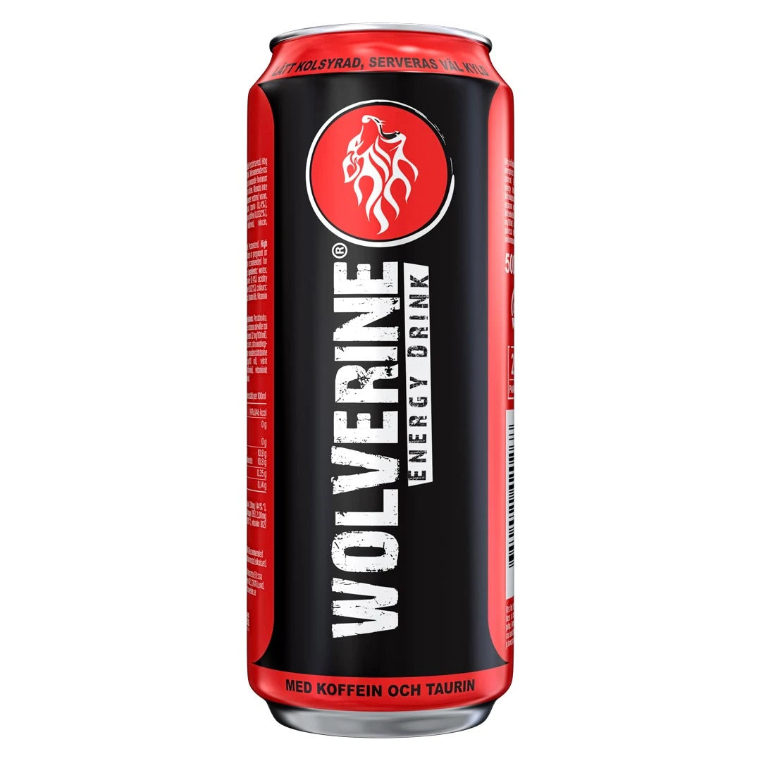 Wolverine Energy Drink 500 ml mustassa tölkissä punaisilla yksityiskohdilla ja valkoisella logolla.