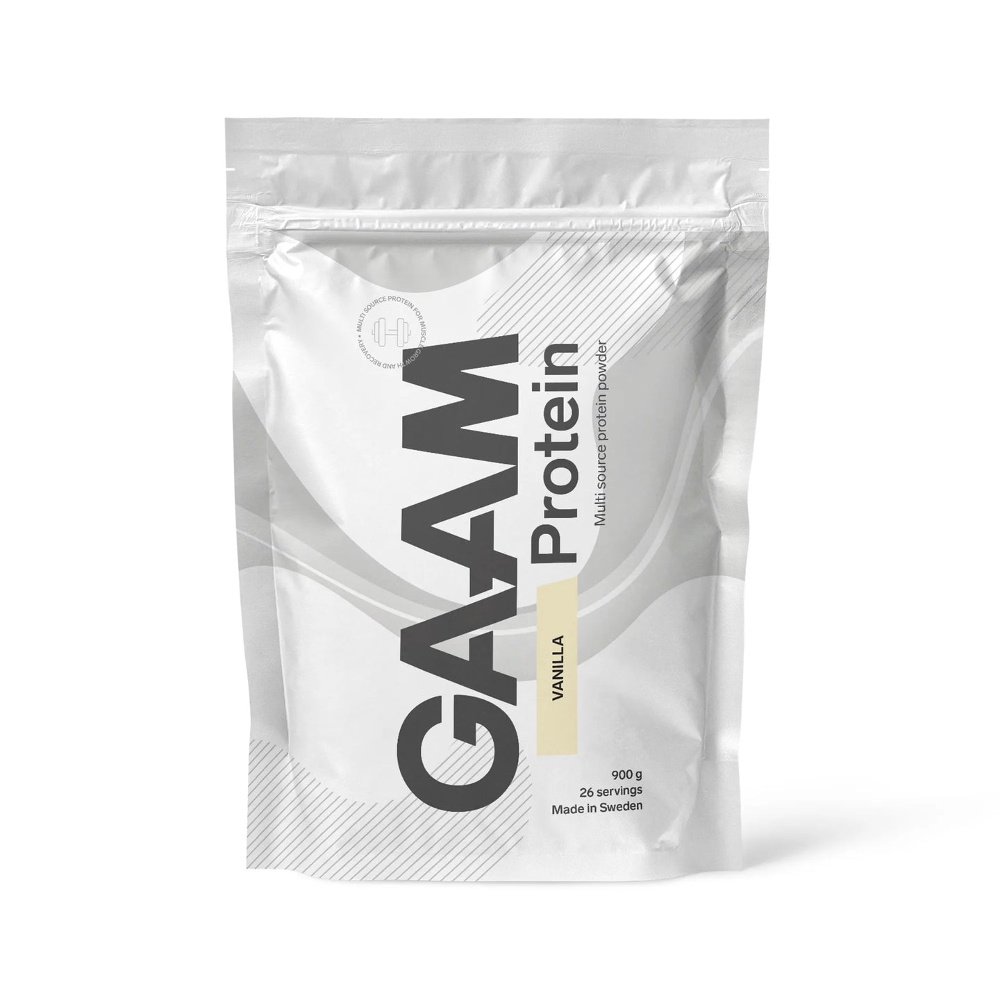 GAAM Protein 900 g -proteiinijauhe valkoisessa pussissa vaaleankeltaisilla yksityiskohdilla, makuna Vanilla., kuva 2/3